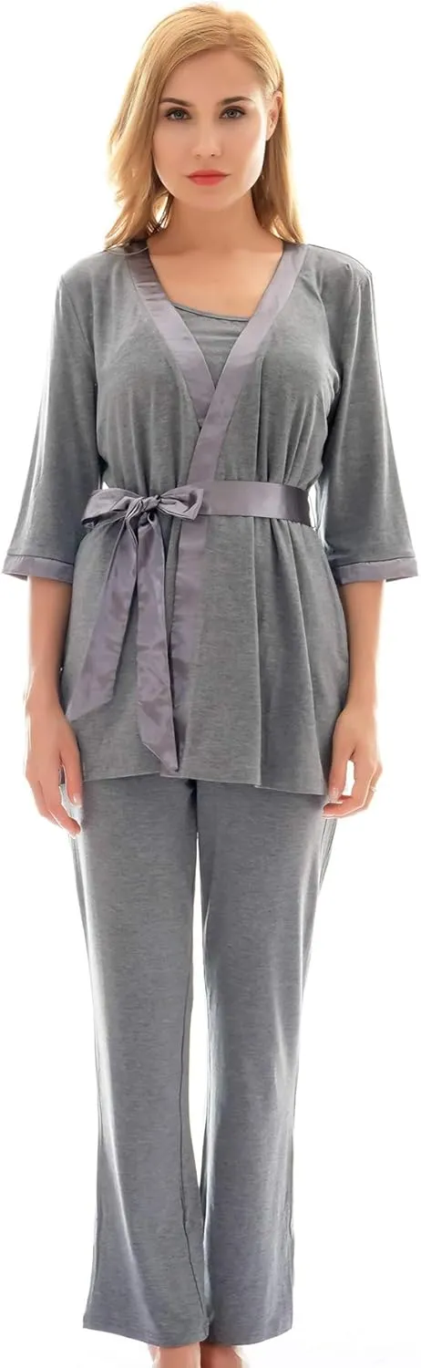 Bearsland Maternity Women's 3 Pieces Soft Nursing Pajamas Set Postpartum Sleepwear for Breastfeeding