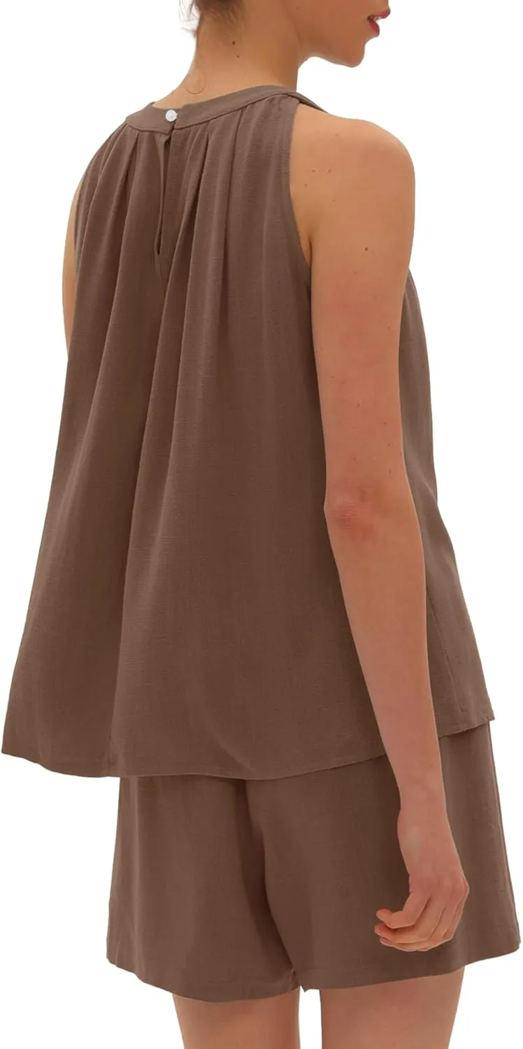Beaully Linen Short Sets 2 Piece for Women Summer Casual Sleeveless Halter Neck Tops And Shorts Set Travel Outfits