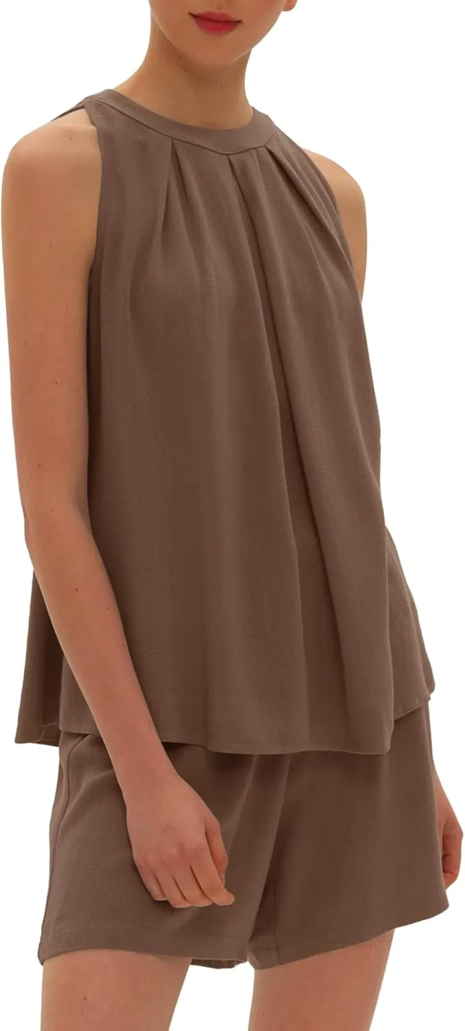 Beaully Linen Short Sets 2 Piece for Women Summer Casual Sleeveless Halter Neck Tops And Shorts Set Travel Outfits