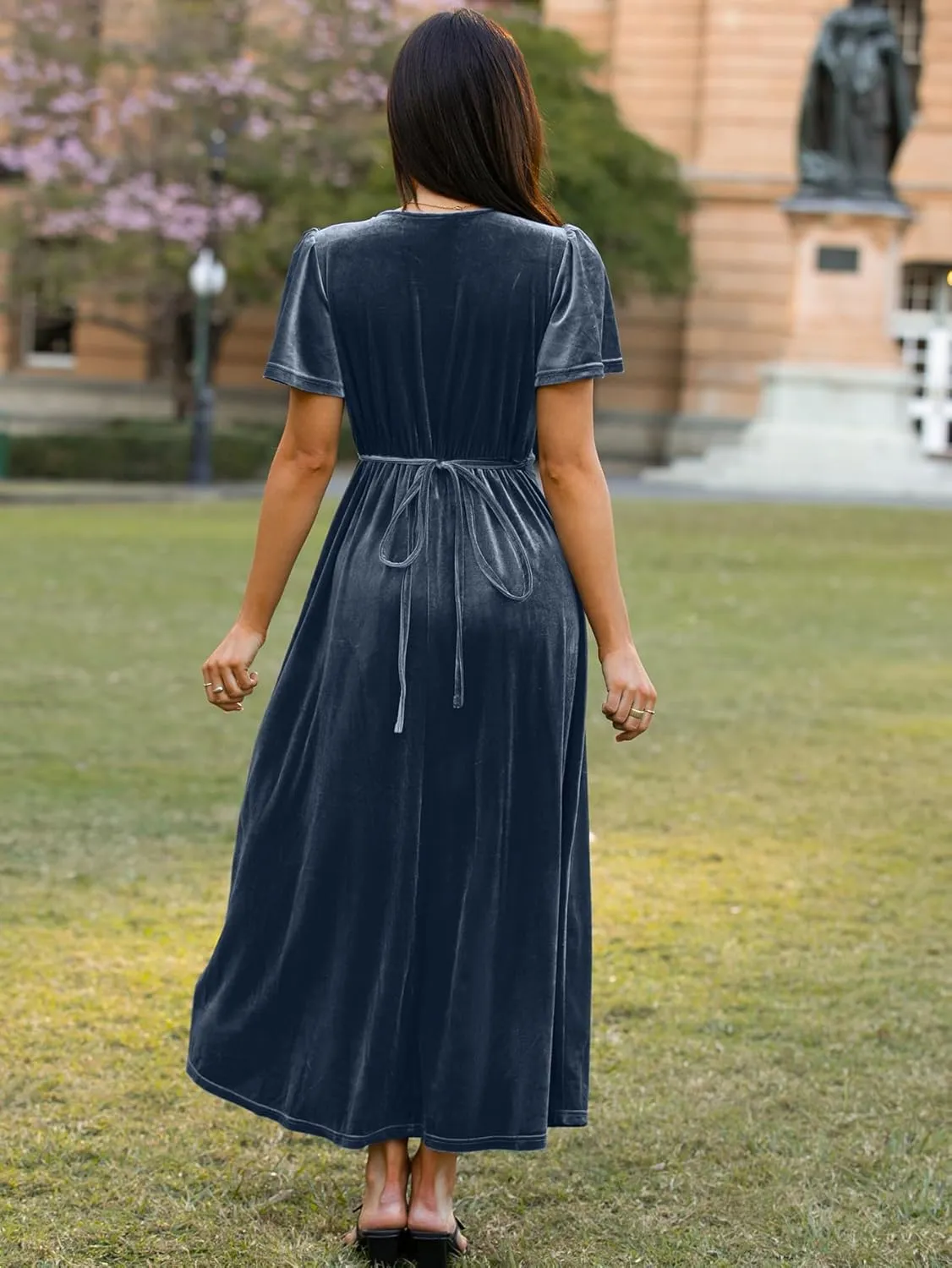 BerryGo Women's Velvet V Neck Wrap Fall Maxi Dress Formal Bell Sleeve Bridesmaid Cocktail Party Long Dresses