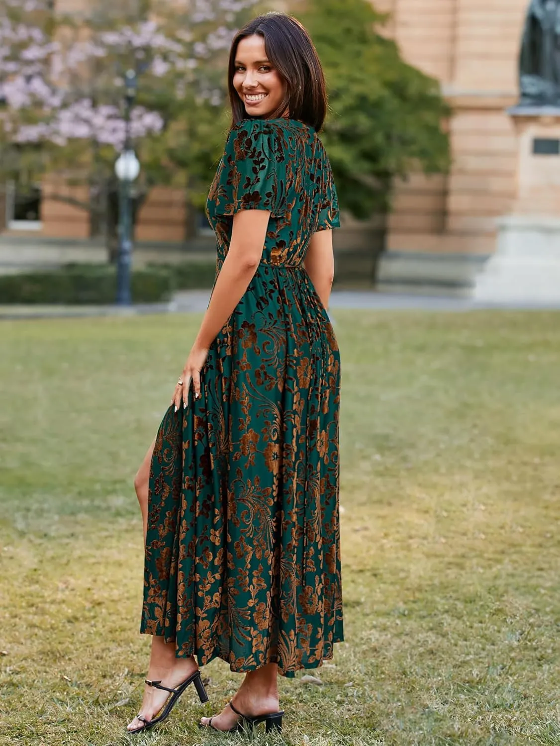BerryGo Women's Velvet V Neck Wrap Fall Maxi Dress Formal Bell Sleeve Bridesmaid Cocktail Party Long Dresses