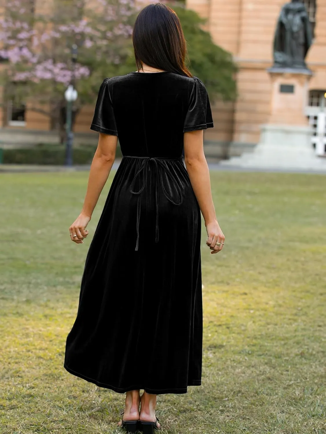 BerryGo Women's Velvet V Neck Wrap Fall Maxi Dress Formal Bell Sleeve Bridesmaid Cocktail Party Long Dresses