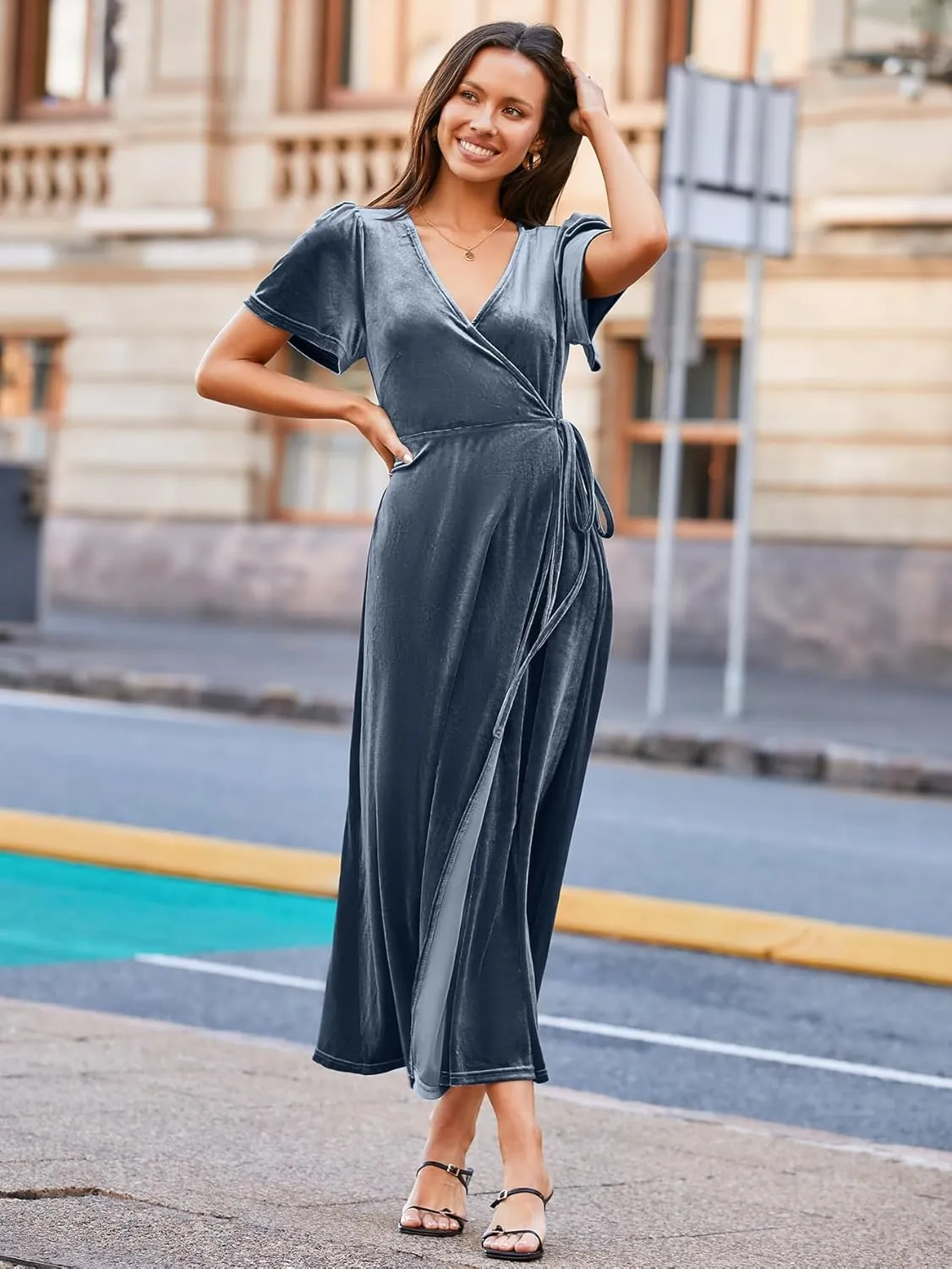BerryGo Women's Velvet V Neck Wrap Fall Maxi Dress Formal Bell Sleeve Bridesmaid Cocktail Party Long Dresses
