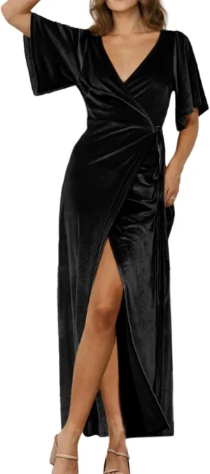 BerryGo Women's Velvet V Neck Wrap Fall Maxi Dress Formal Bell Sleeve Bridesmaid Cocktail Party Long Dresses