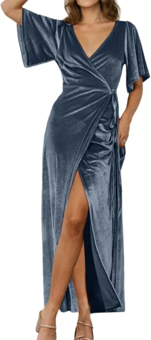 BerryGo Women's Velvet V Neck Wrap Fall Maxi Dress Formal Bell Sleeve Bridesmaid Cocktail Party Long Dresses