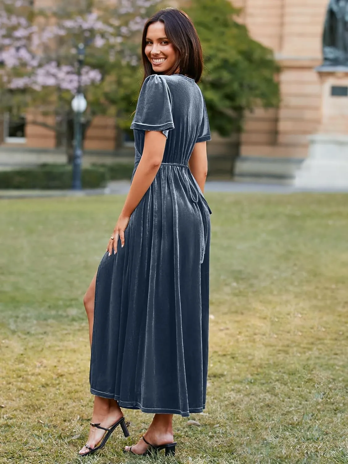 BerryGo Women's Velvet V Neck Wrap Fall Maxi Dress Formal Bell Sleeve Bridesmaid Cocktail Party Long Dresses