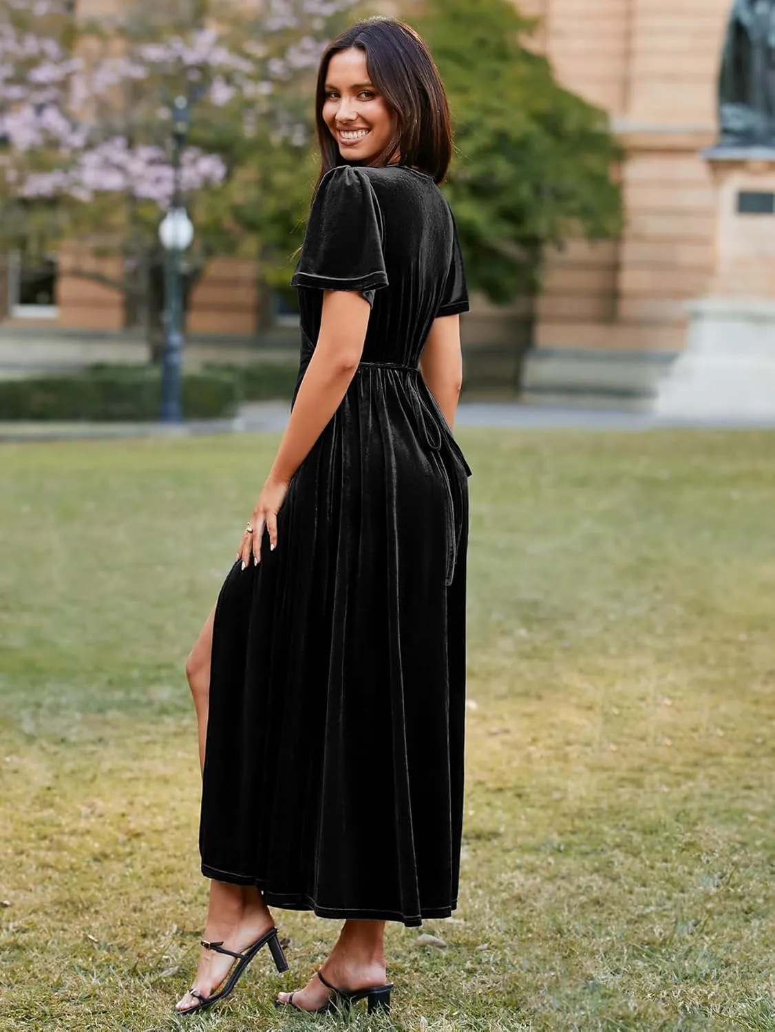 BerryGo Women's Velvet V Neck Wrap Fall Maxi Dress Formal Bell Sleeve Bridesmaid Cocktail Party Long Dresses