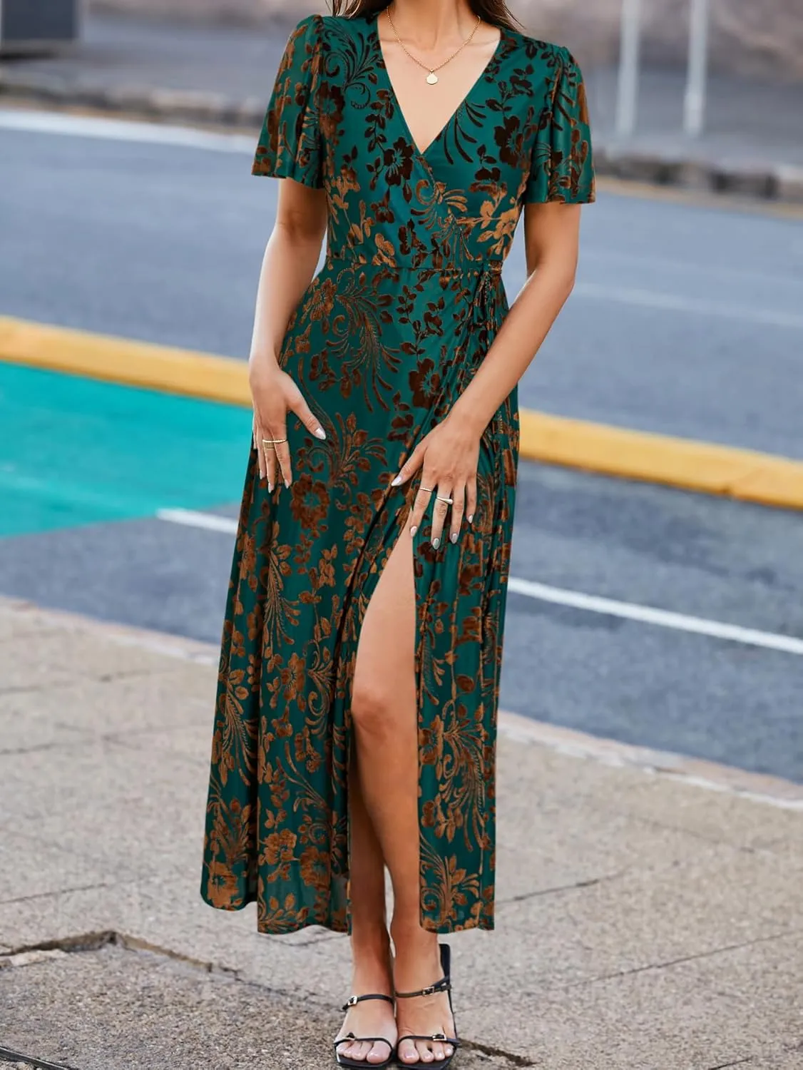 BerryGo Women's Velvet V Neck Wrap Fall Maxi Dress Formal Bell Sleeve Bridesmaid Cocktail Party Long Dresses