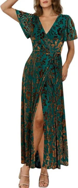 BerryGo Women's Velvet V Neck Wrap Fall Maxi Dress Formal Bell Sleeve Bridesmaid Cocktail Party Long Dresses