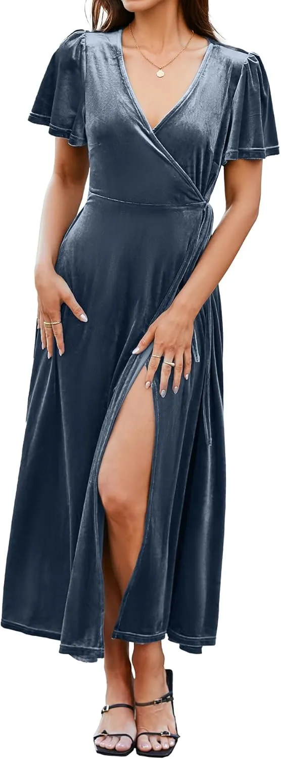 BerryGo Women's Velvet V Neck Wrap Fall Maxi Dress Formal Bell Sleeve Bridesmaid Cocktail Party Long Dresses