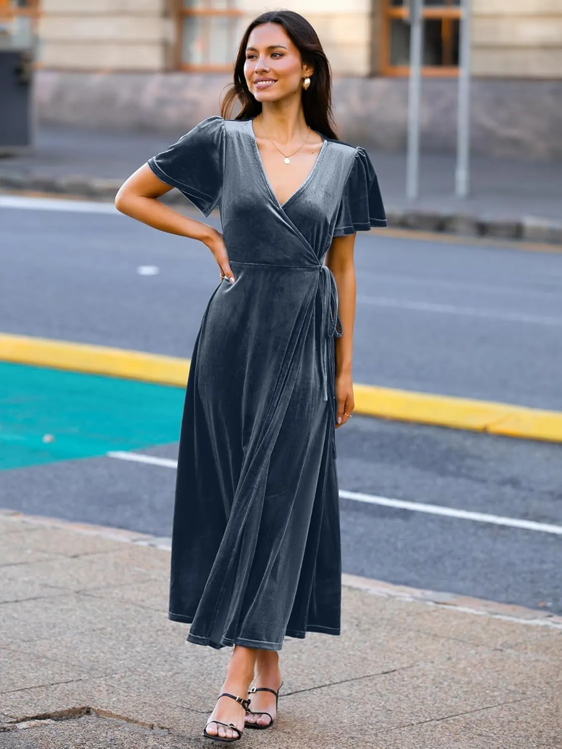 BerryGo Women's Velvet V Neck Wrap Fall Maxi Dress Formal Bell Sleeve Bridesmaid Cocktail Party Long Dresses