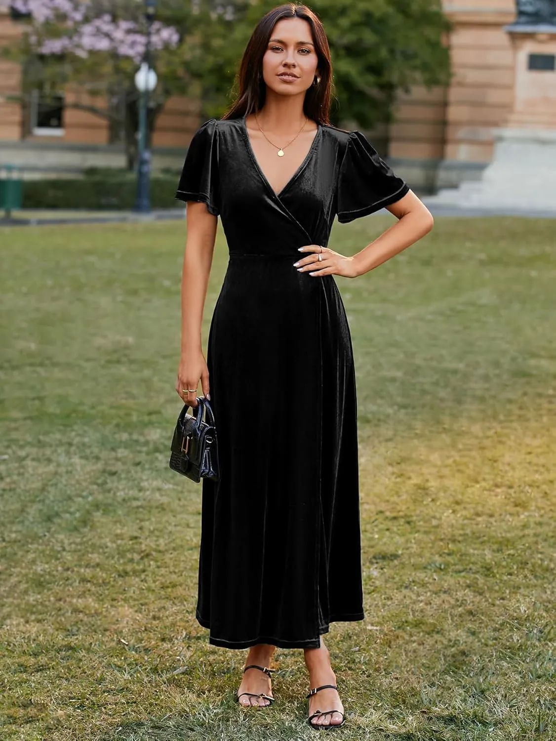 BerryGo Women's Velvet V Neck Wrap Fall Maxi Dress Formal Bell Sleeve Bridesmaid Cocktail Party Long Dresses