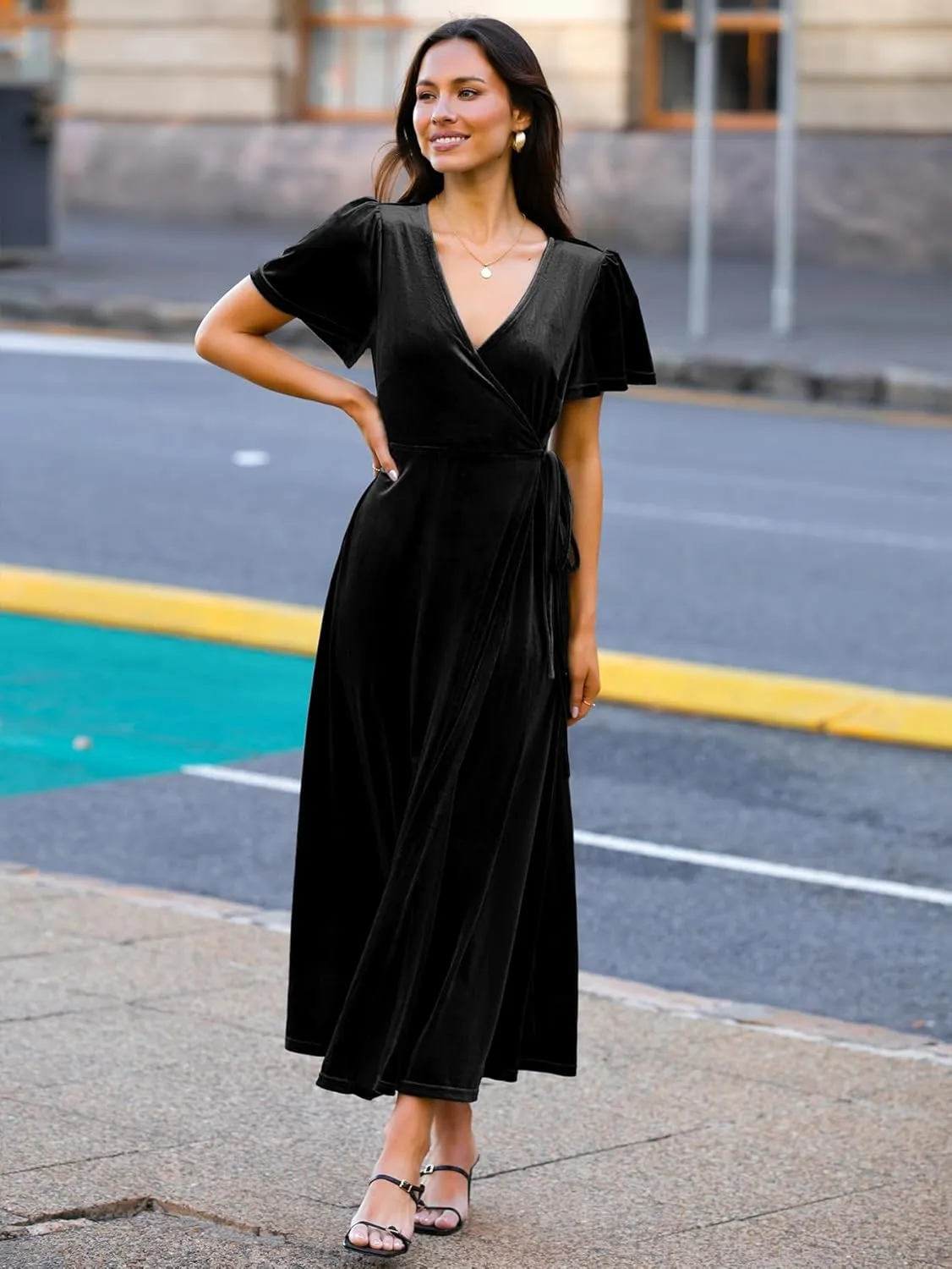 BerryGo Women's Velvet V Neck Wrap Fall Maxi Dress Formal Bell Sleeve Bridesmaid Cocktail Party Long Dresses