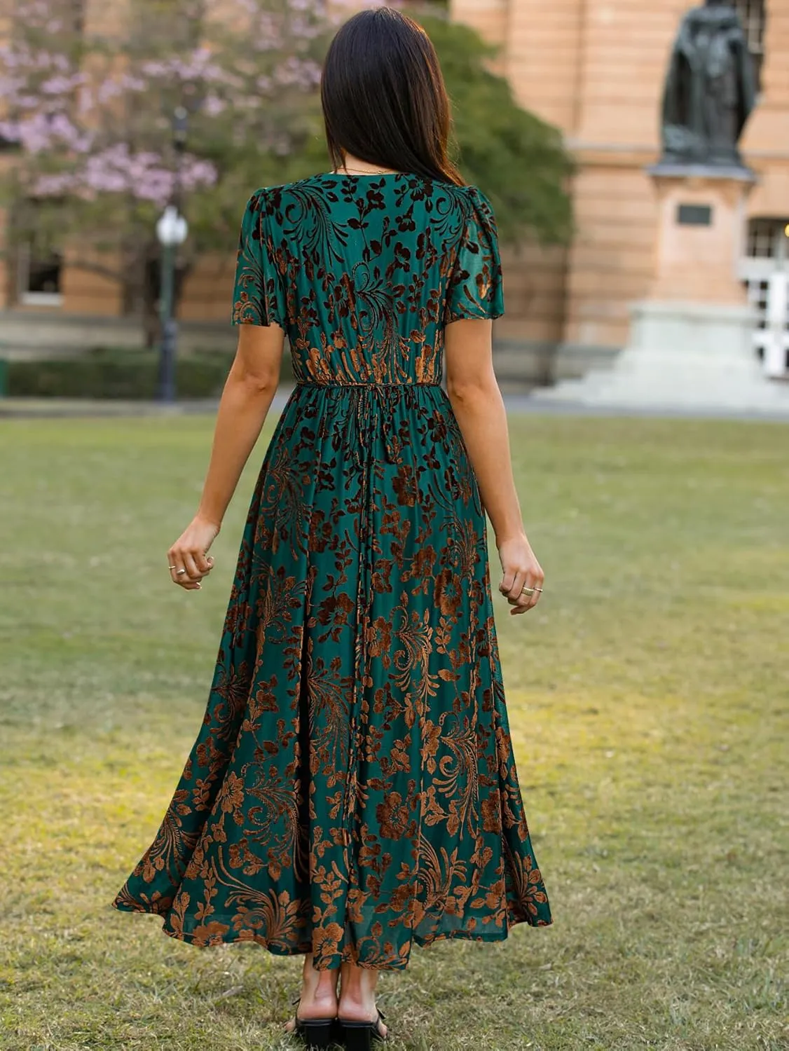 BerryGo Women's Velvet V Neck Wrap Fall Maxi Dress Formal Bell Sleeve Bridesmaid Cocktail Party Long Dresses