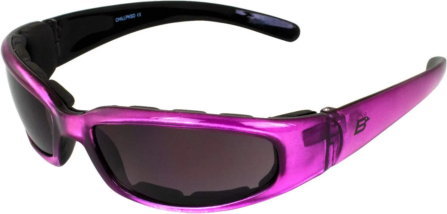Birdz Eyewear Chill Women's Foam Padded Motorcycle Sunglasses Pink Frame with Super Dark Lenses