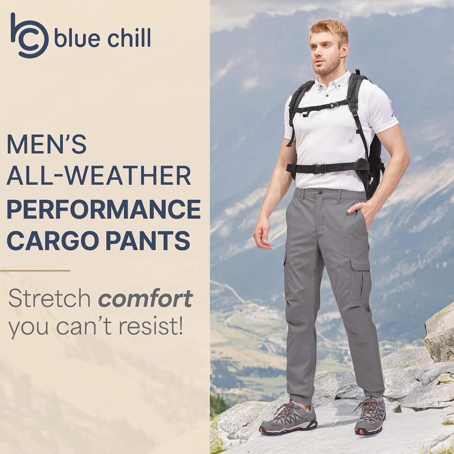 BLUE CHILL Mens Cargo Joggers – Slim Fit, Stretch Comfort, Water-Resistant, 7 Pockets, Lightweight for Hiking & Travel