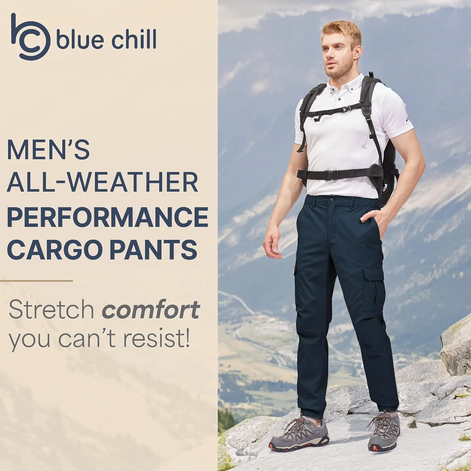 BLUE CHILL Mens Cargo Joggers – Slim Fit, Stretch Comfort, Water-Resistant, 7 Pockets, Lightweight for Hiking & Travel