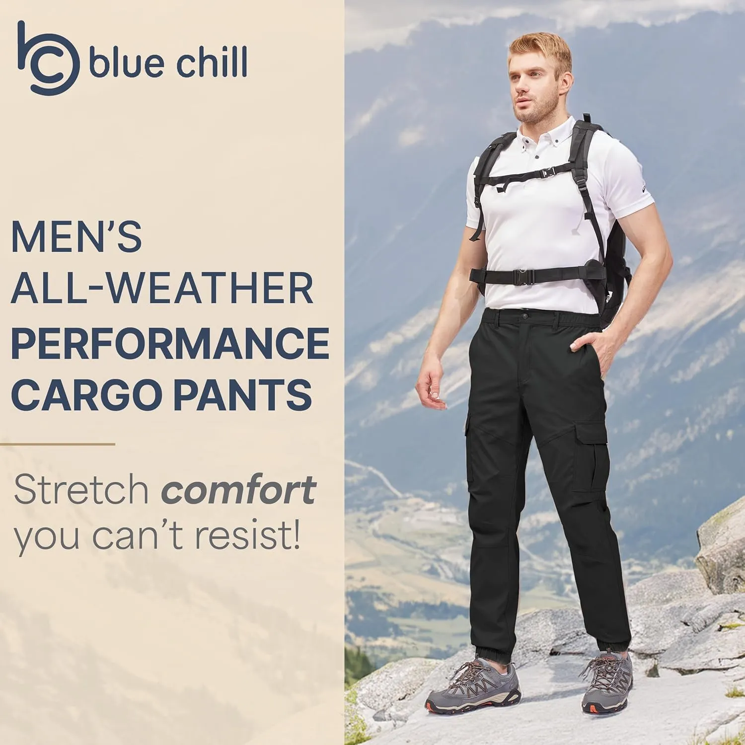 BLUE CHILL Mens Cargo Joggers – Slim Fit, Stretch Comfort, Water-Resistant, 7 Pockets, Lightweight for Hiking & Travel