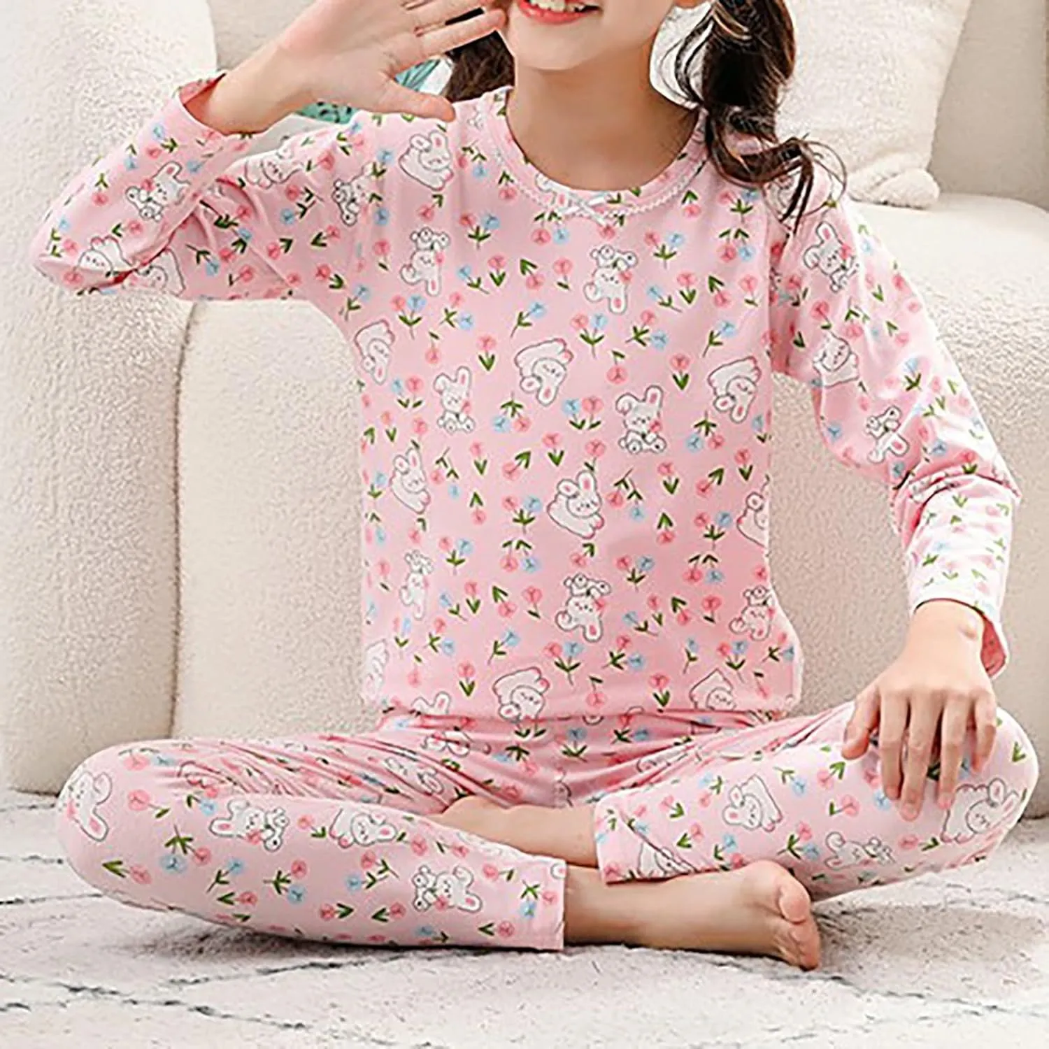 Boys Girls Full Length Pa𝗷amas Set Cute Prints P𝗝s Kids Slee𝗽wear Cotton Long N𝐢ghtwear Soft Pull On Loun𝗴e Clothes
