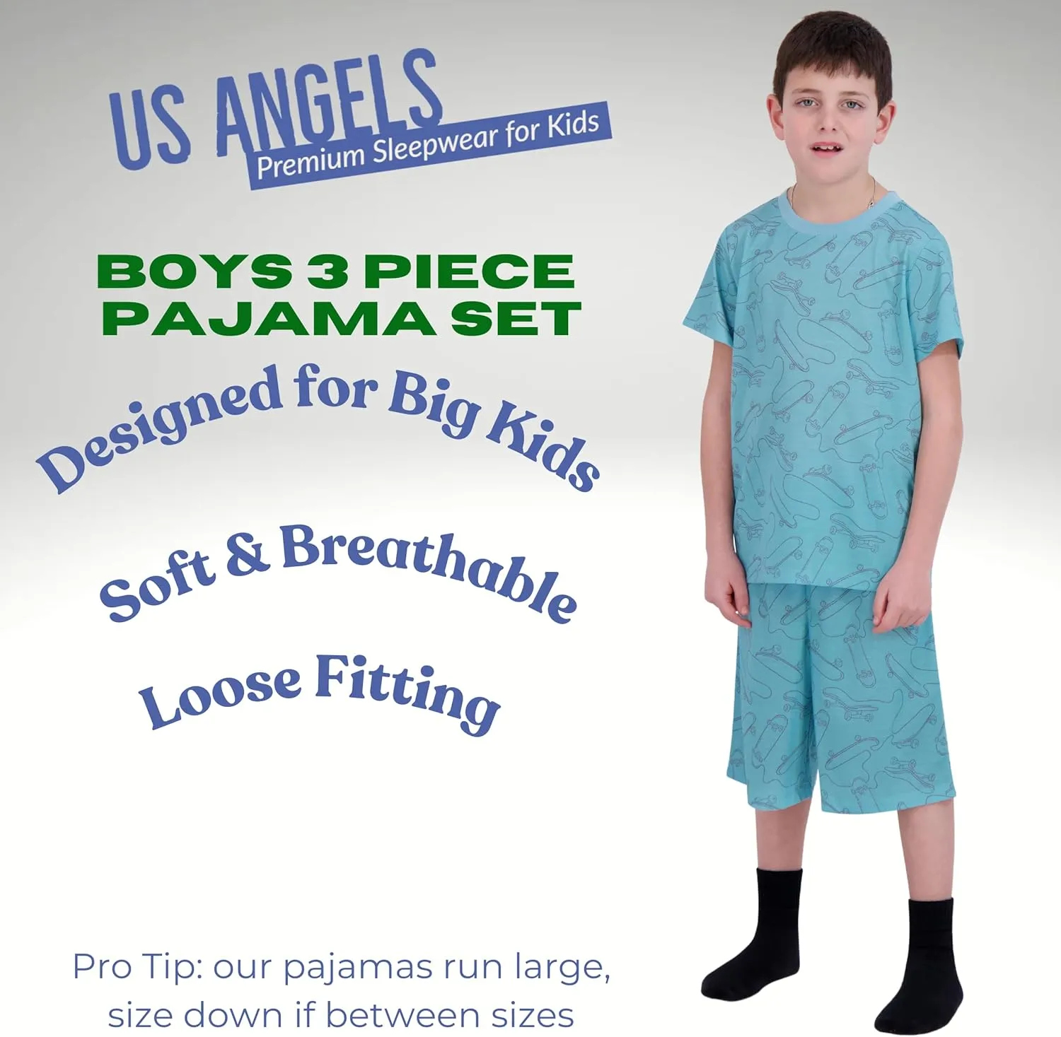 Boys Pajamas Set, 3-Piece Boys’ Sleepwear Pjs, Loose Fit, Soft, Breathable, Teens and Kids - Size 7-8, 10-12, 14-16