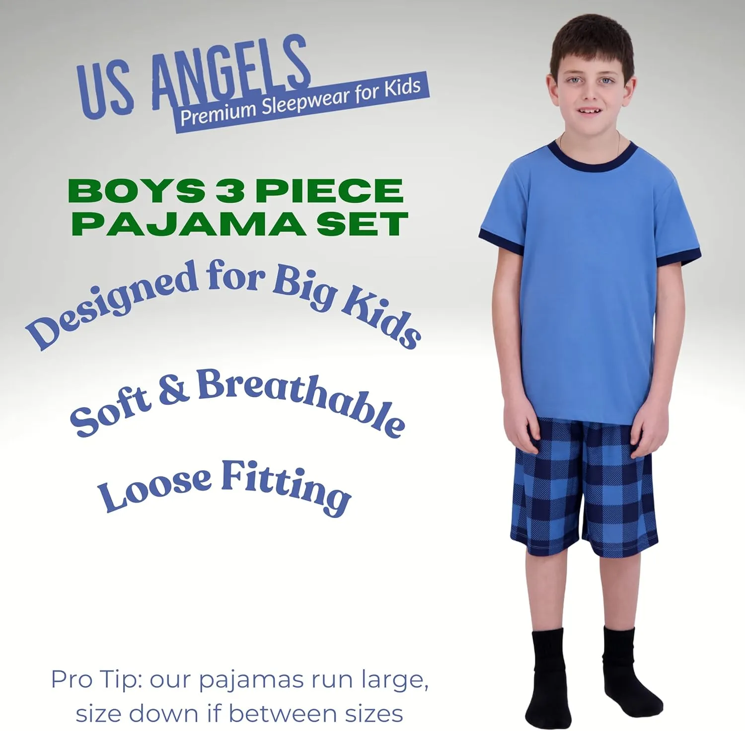 Boys Pajamas Set, 3-Piece Boys’ Sleepwear Pjs, Loose Fit, Soft, Breathable, Teens and Kids - Size 7-8, 10-12, 14-16