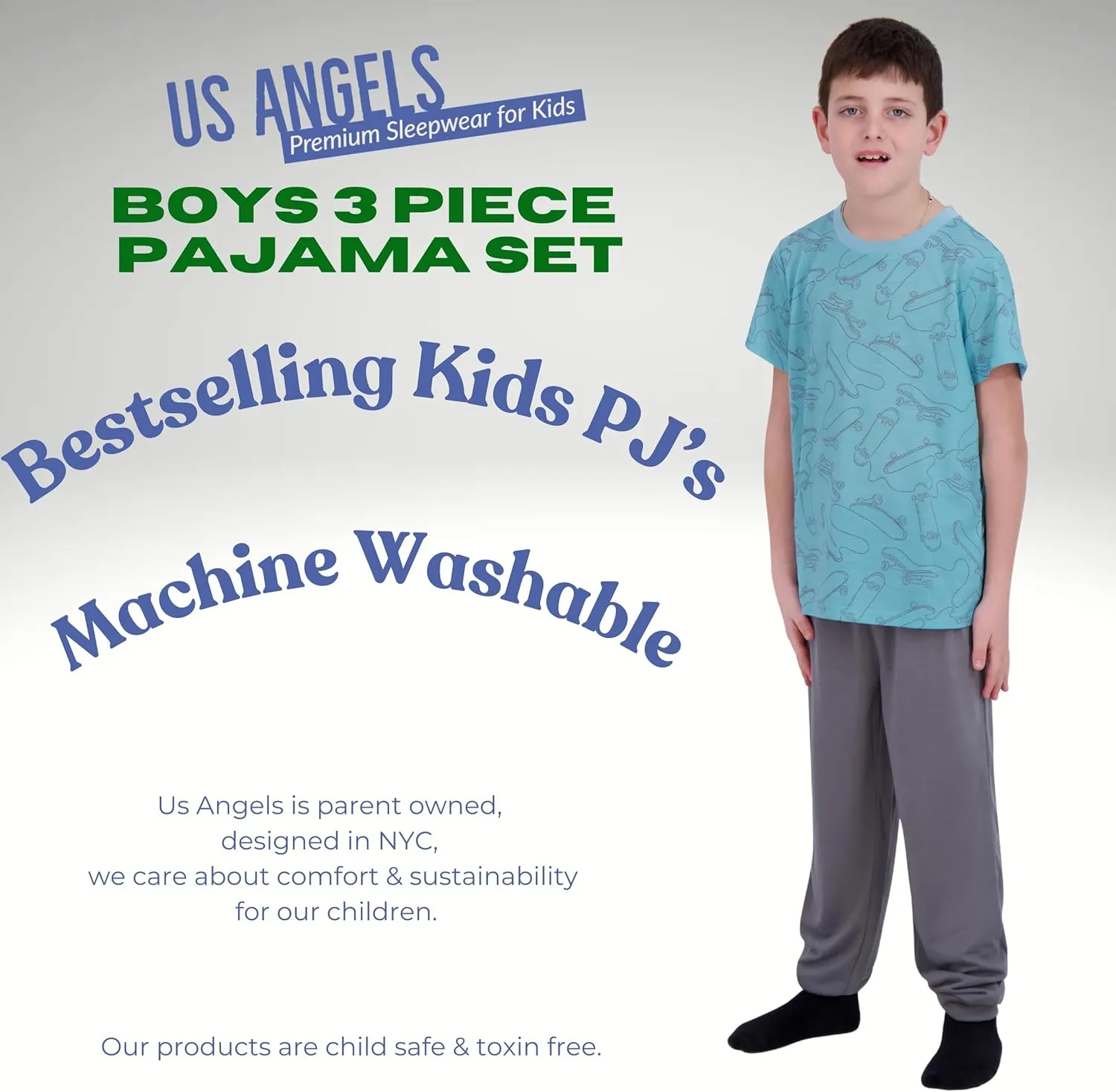 Boys Pajamas Set, 3-Piece Boys’ Sleepwear Pjs, Loose Fit, Soft, Breathable, Teens and Kids - Size 7-8, 10-12, 14-16