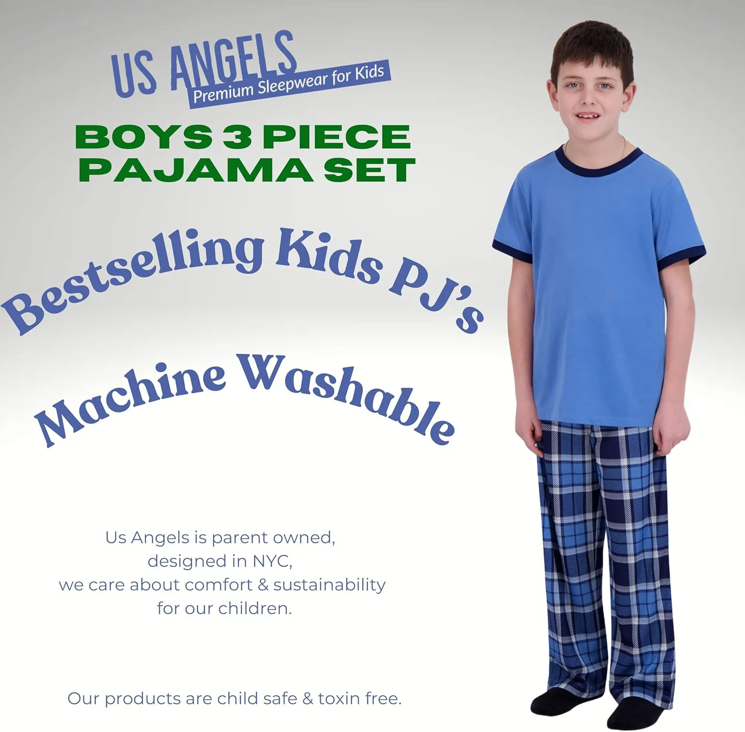 Boys Pajamas Set, 3-Piece Boys’ Sleepwear Pjs, Loose Fit, Soft, Breathable, Teens and Kids - Size 7-8, 10-12, 14-16