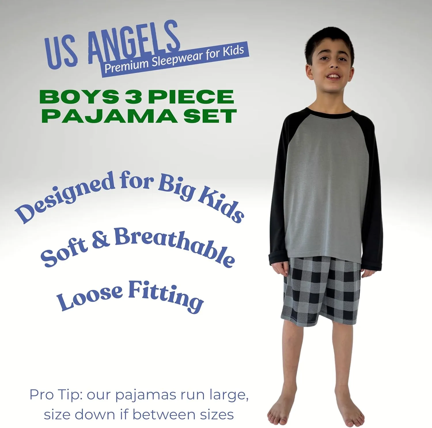 Boys Pajamas Set, 3-Piece Boys’ Sleepwear Pjs, Loose Fit, Soft, Breathable, Teens and Kids - Size 7-8, 10-12, 14-16