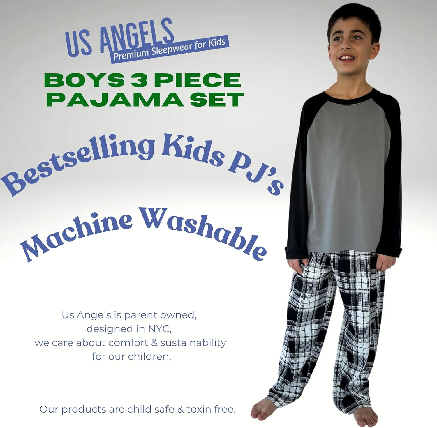 Boys Pajamas Set, 3-Piece Boys’ Sleepwear Pjs, Loose Fit, Soft, Breathable, Teens and Kids - Size 7-8, 10-12, 14-16