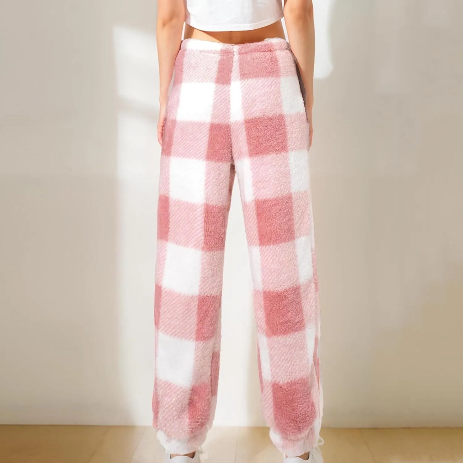 Buffalo Plaid Pajama Pants Women Fuzzy Fleece Pj Pants Soft Comfy Lounge Pants Winter Warm Sleep Pants with Pockets