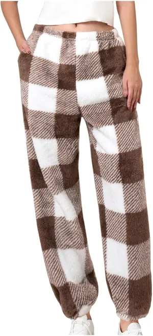 Buffalo Plaid Pajama Pants Women Fuzzy Fleece Pj Pants Soft Comfy Lounge Pants Winter Warm Sleep Pants with Pockets