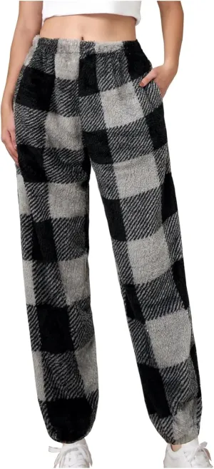 Buffalo Plaid Pajama Pants Women Fuzzy Fleece Pj Pants Soft Comfy Lounge Pants Winter Warm Sleep Pants with Pockets