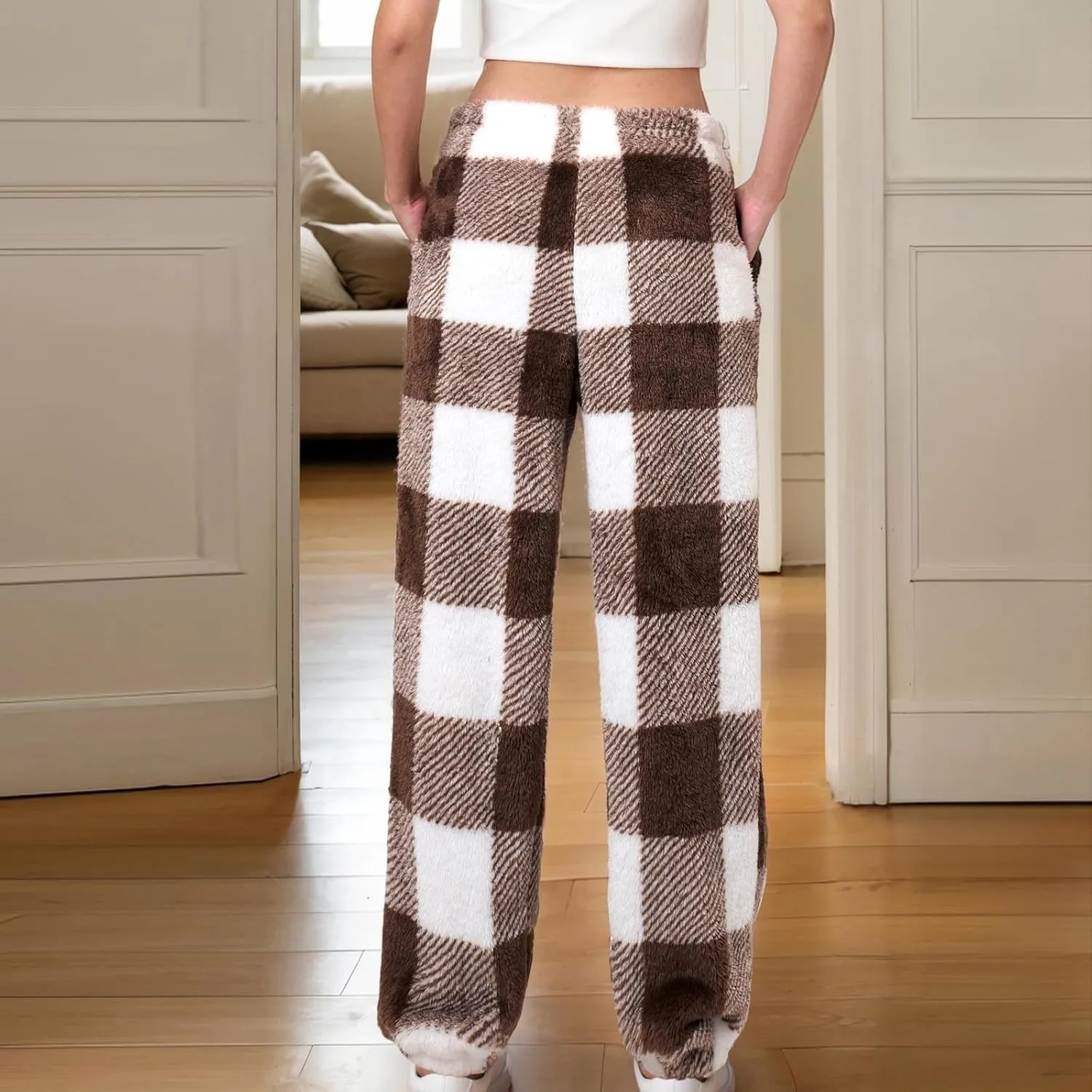 Buffalo Plaid Pajama Pants Women Fuzzy Fleece Pj Pants Soft Comfy Lounge Pants Winter Warm Sleep Pants with Pockets
