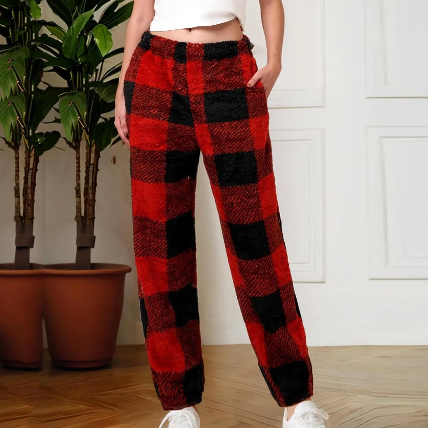 Buffalo Plaid Pajama Pants Women Fuzzy Fleece Pj Pants Soft Comfy Lounge Pants Winter Warm Sleep Pants with Pockets