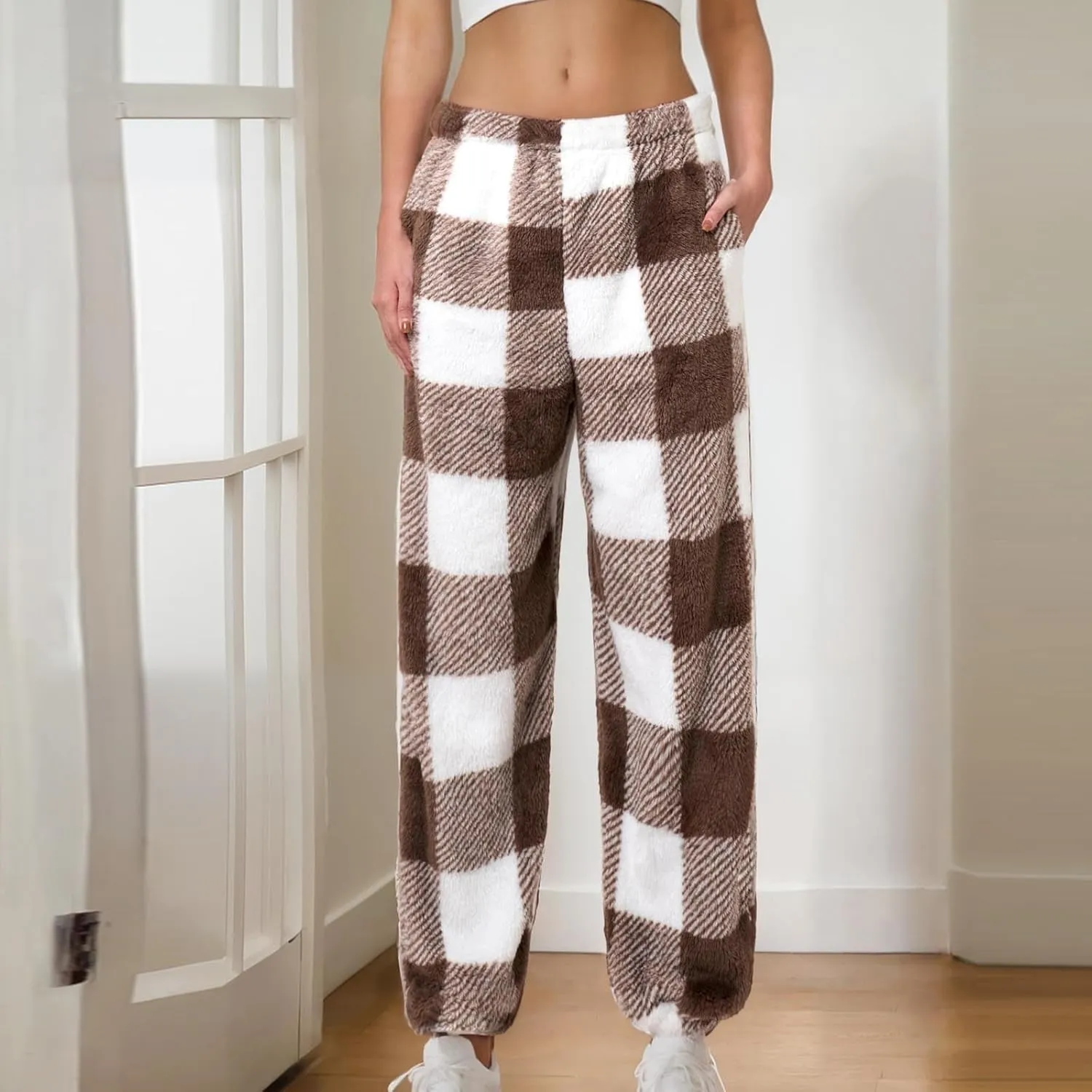 Buffalo Plaid Pajama Pants Women Fuzzy Fleece Pj Pants Soft Comfy Lounge Pants Winter Warm Sleep Pants with Pockets