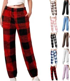 Buffalo Plaid Pajama Pants Women Fuzzy Fleece Pj Pants Soft Comfy Lounge Pants Winter Warm Sleep Pants with Pockets