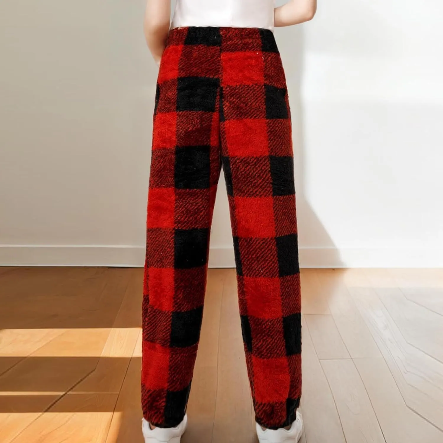 Buffalo Plaid Pajama Pants Women Fuzzy Fleece Pj Pants Soft Comfy Lounge Pants Winter Warm Sleep Pants with Pockets