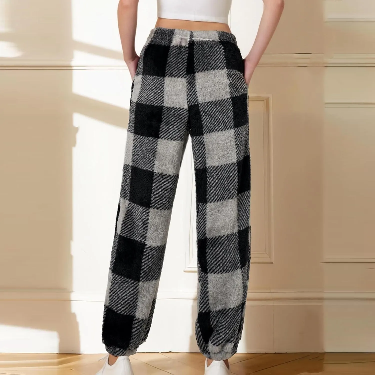 Buffalo Plaid Pajama Pants Women Fuzzy Fleece Pj Pants Soft Comfy Lounge Pants Winter Warm Sleep Pants with Pockets