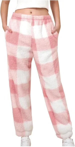 Buffalo Plaid Pajama Pants Women Fuzzy Fleece Pj Pants Soft Comfy Lounge Pants Winter Warm Sleep Pants with Pockets