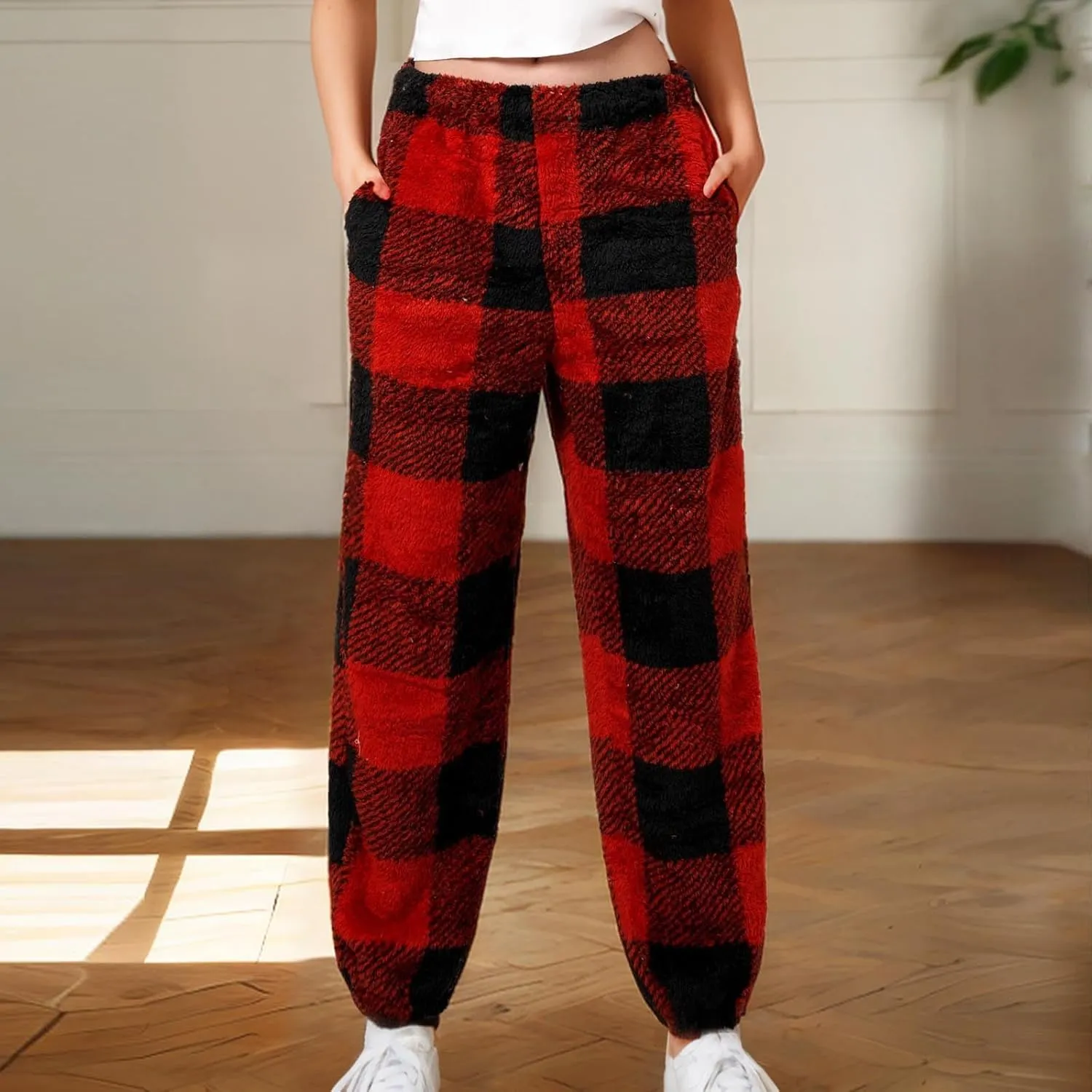 Buffalo Plaid Pajama Pants Women Fuzzy Fleece Pj Pants Soft Comfy Lounge Pants Winter Warm Sleep Pants with Pockets