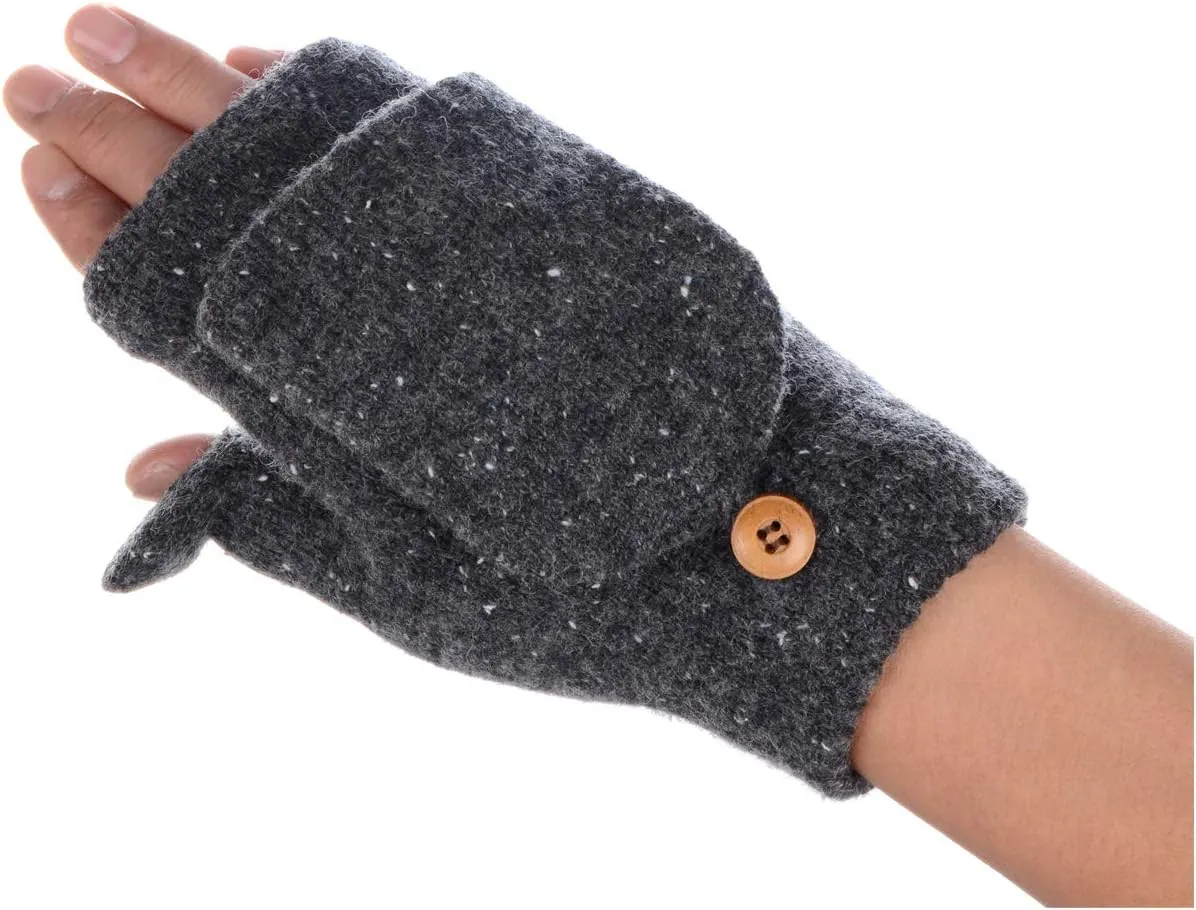 BYOS Womens Winter Plush Fleece Lined Convertible Fingerless Knit Mitten Gloves