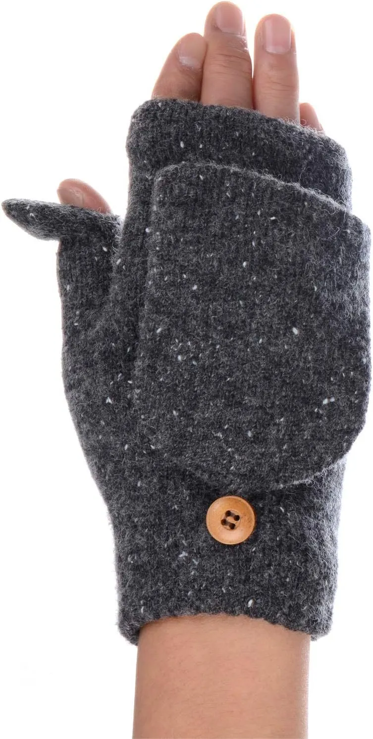 BYOS Womens Winter Plush Fleece Lined Convertible Fingerless Knit Mitten Gloves
