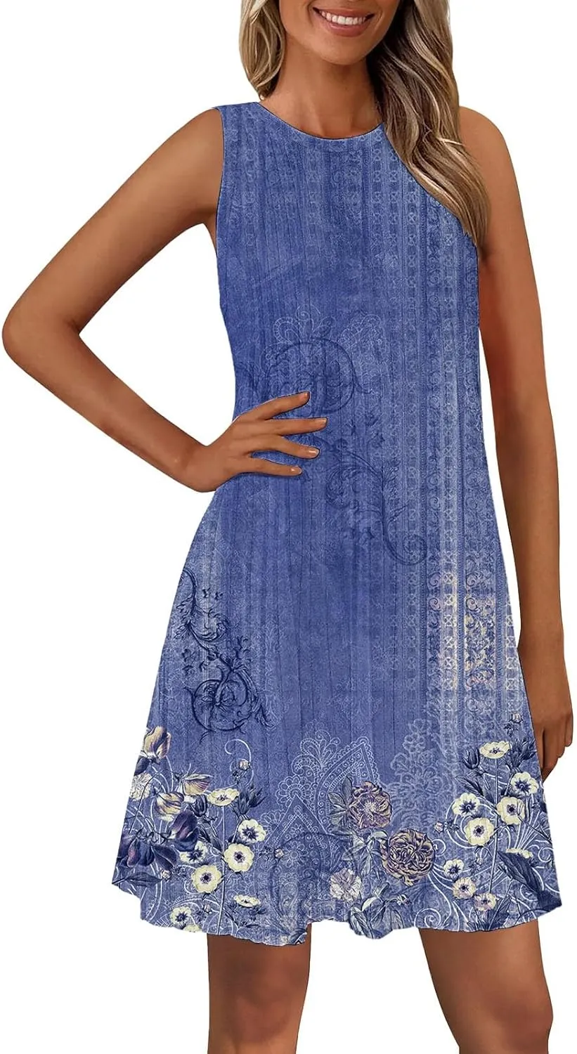 Casual Summer Dresses for Women 2025,Womens Elegant Printed Sleeveless Mini Dress Boatneck Loose Tank A Line Beach Dress