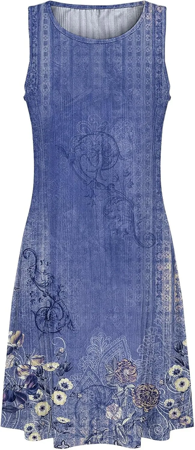 Casual Summer Dresses for Women 2025,Womens Elegant Printed Sleeveless Mini Dress Boatneck Loose Tank A Line Beach Dress