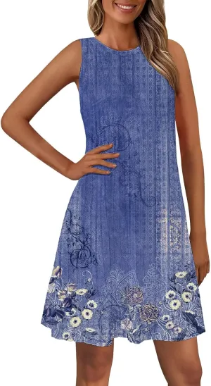 Casual Summer Dresses for Women 2025,Womens Elegant Printed Sleeveless Mini Dress Boatneck Loose Tank A Line Beach Dress