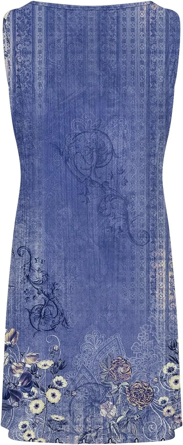 Casual Summer Dresses for Women 2025,Womens Elegant Printed Sleeveless Mini Dress Boatneck Loose Tank A Line Beach Dress