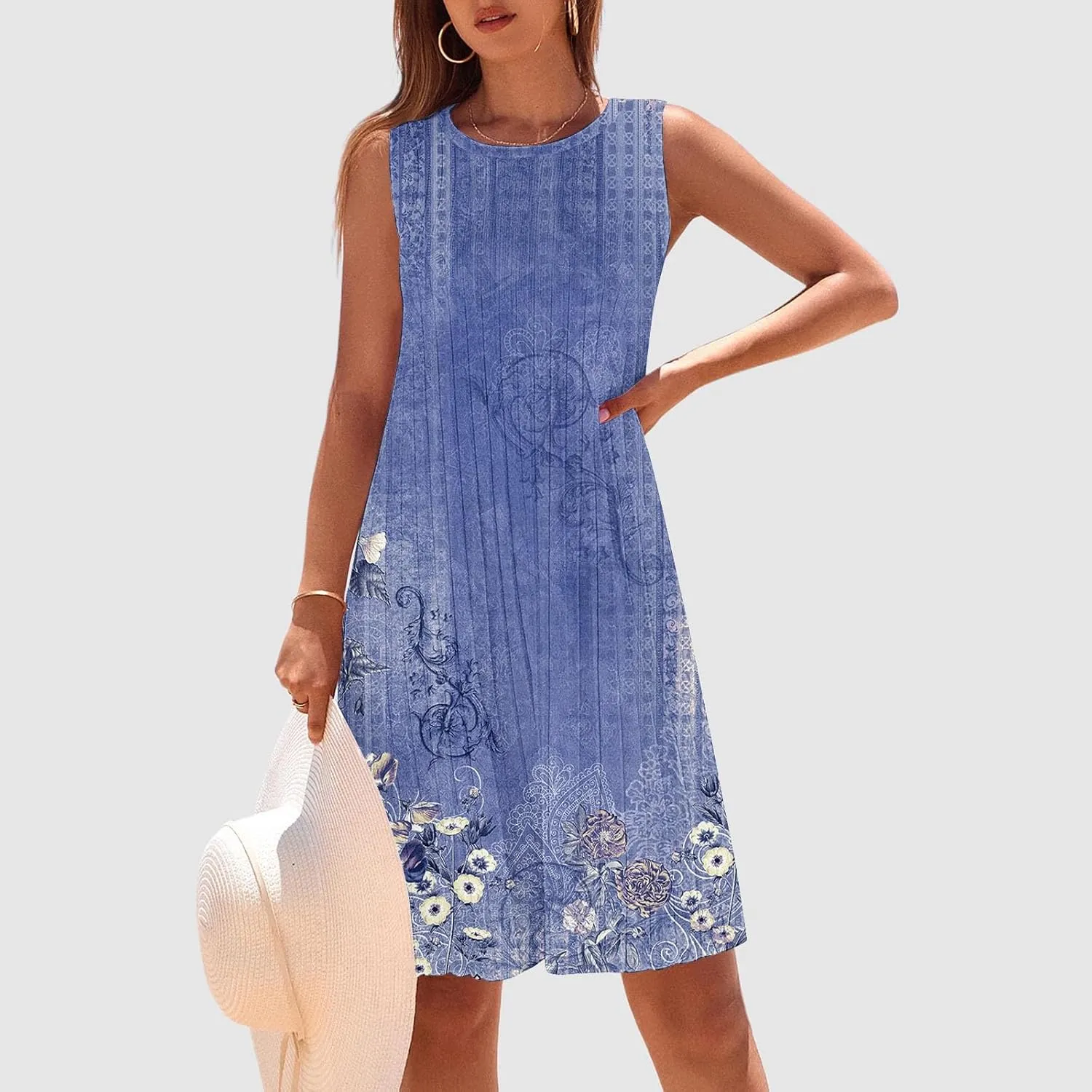 Casual Summer Dresses for Women 2025,Womens Elegant Printed Sleeveless Mini Dress Boatneck Loose Tank A Line Beach Dress