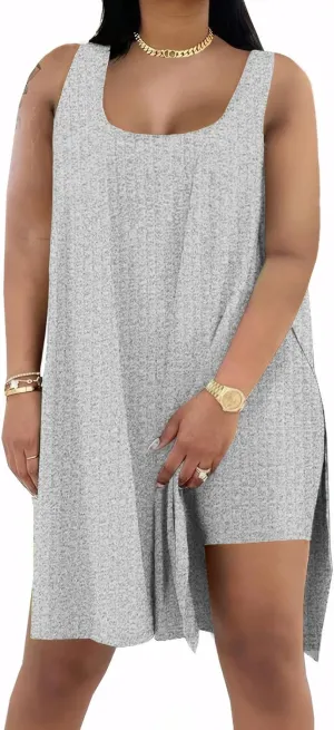 Choichic Women Two Piece Outfits Sets Casual High Split Loose Tank Top   Skinny Biker Shorts Tracksuit Set