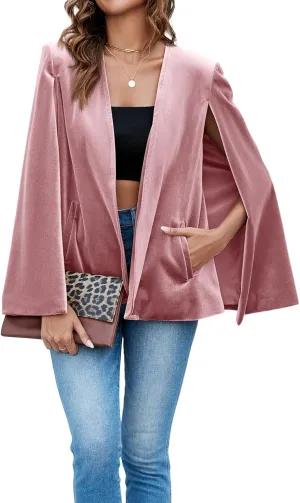 Cicy Bell Women's Velvet Cape Blazer Jackets Casual Split Long Sleeve Open Front Coat