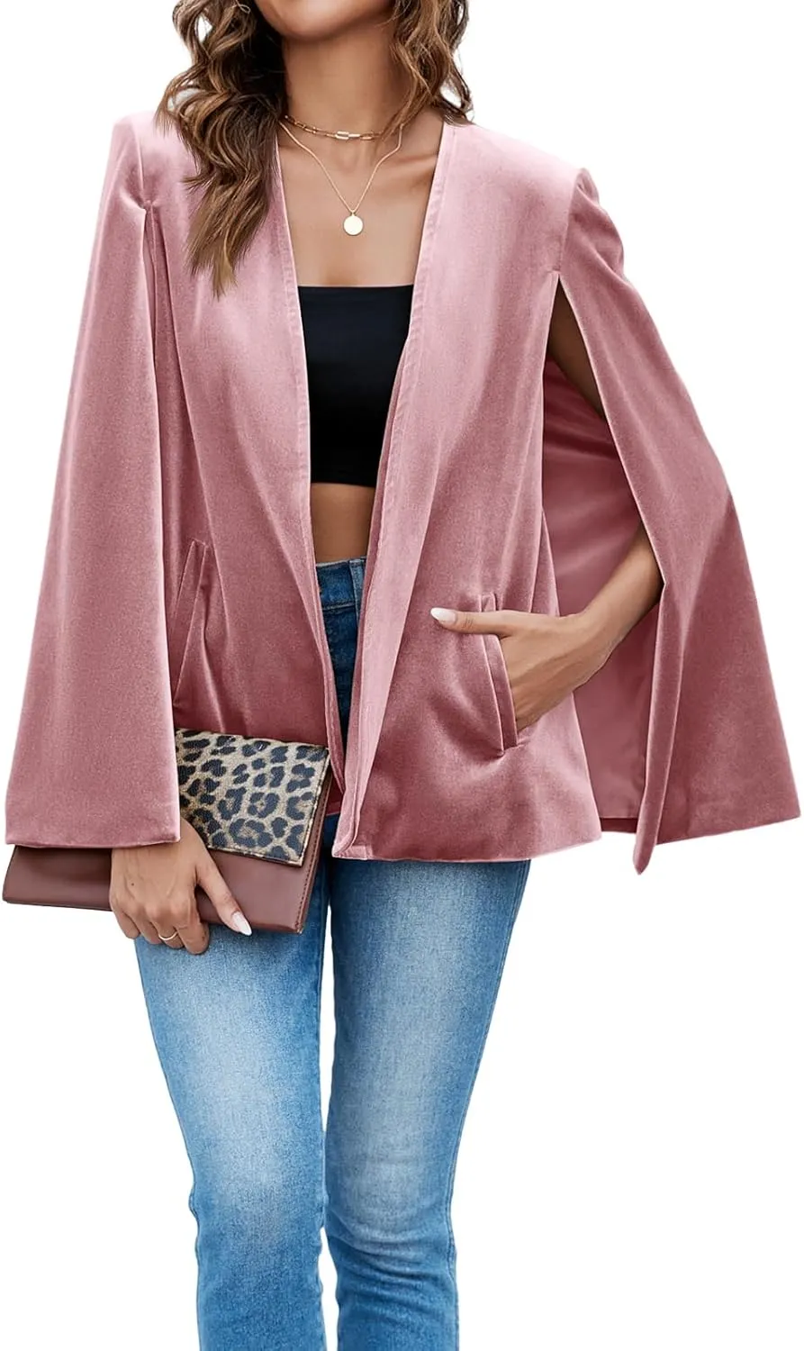 Cicy Bell Women's Velvet Cape Blazer Jackets Casual Split Long Sleeve Open Front Coat